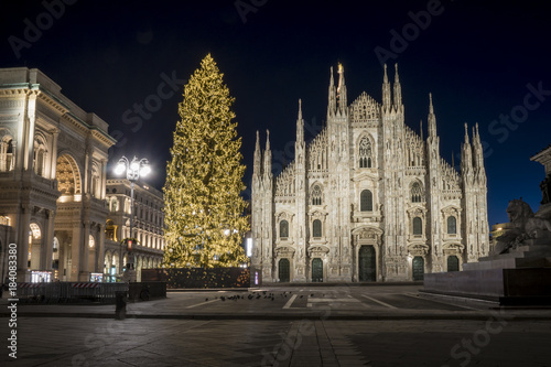 Christmas tree in front of Milan cathedral, Duomo square in december, night view.