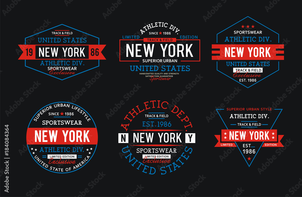 Set athletic New York City for t-shirt graphic, vector