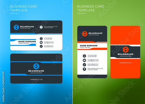 Corporate Business Card Print Template. Vertical and Horizontal Business Card Templates. Vector Illustration. Business Card Mockup