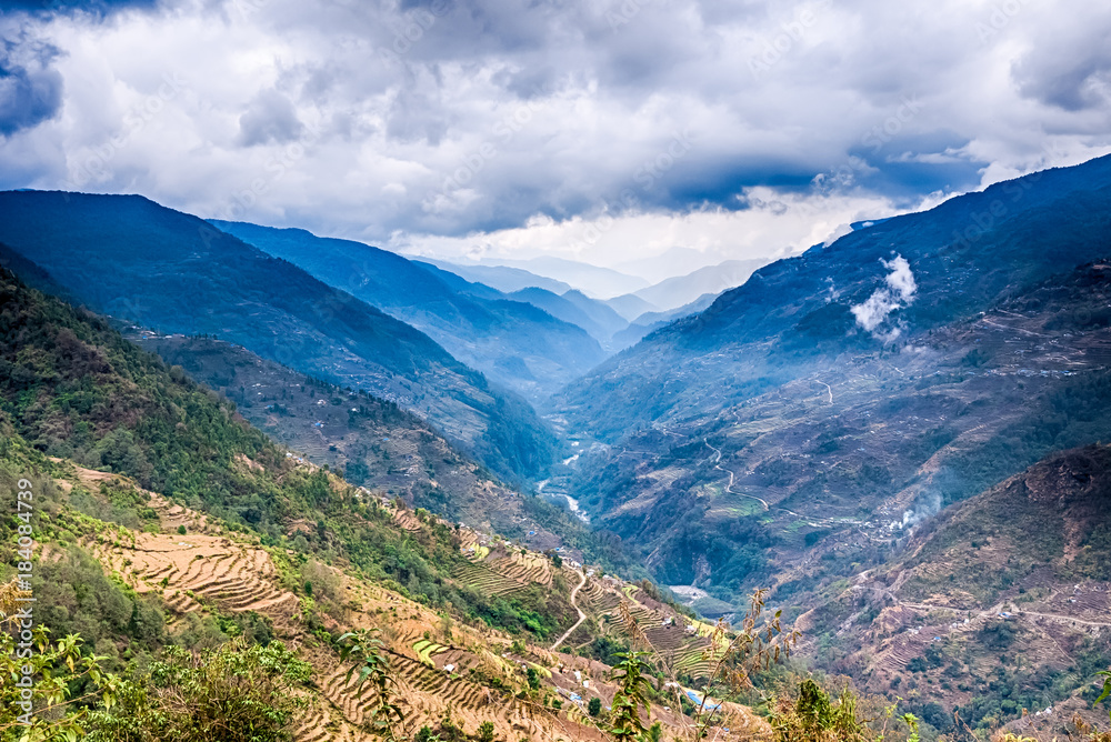 Fototapeta premium View over the mountains in Himalayas mountains. Around Annapurna trek, Nepal.