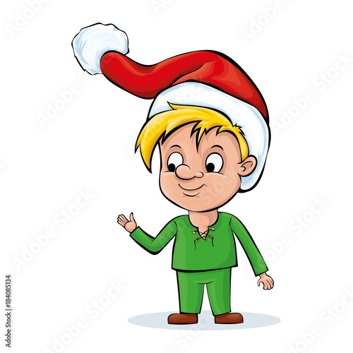 A cartoon character. The boy is wearing Santa's hat.