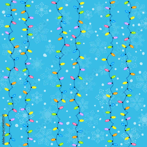 Christmas seamless cartoon pattern with christmas lights and snowflakes. Colorful winter seamless background. New year vector illustration.