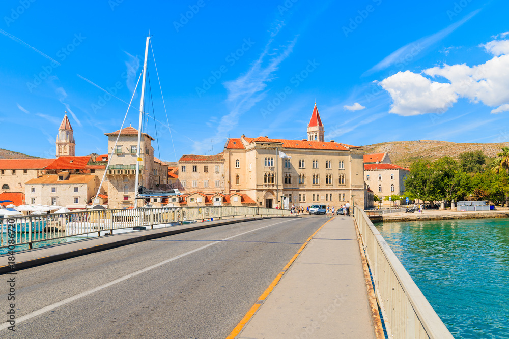 View of historic buildings in Trogir town from bridge over canal, Dalmatia, Croatia