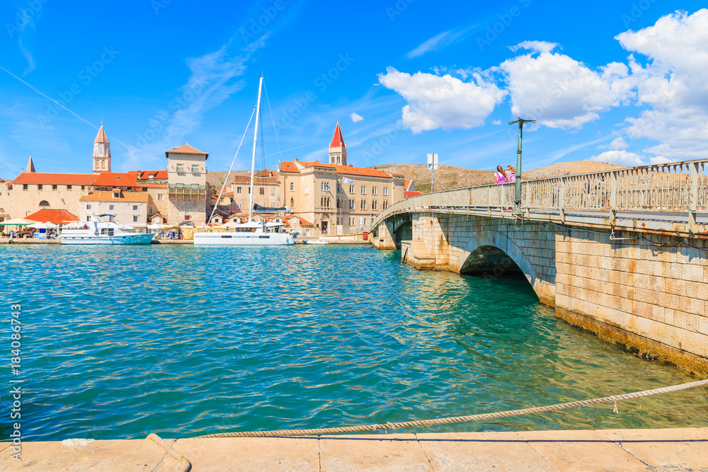 View of historic buildings in Trogir town and bridge over canal, Dalmatia, Croatia