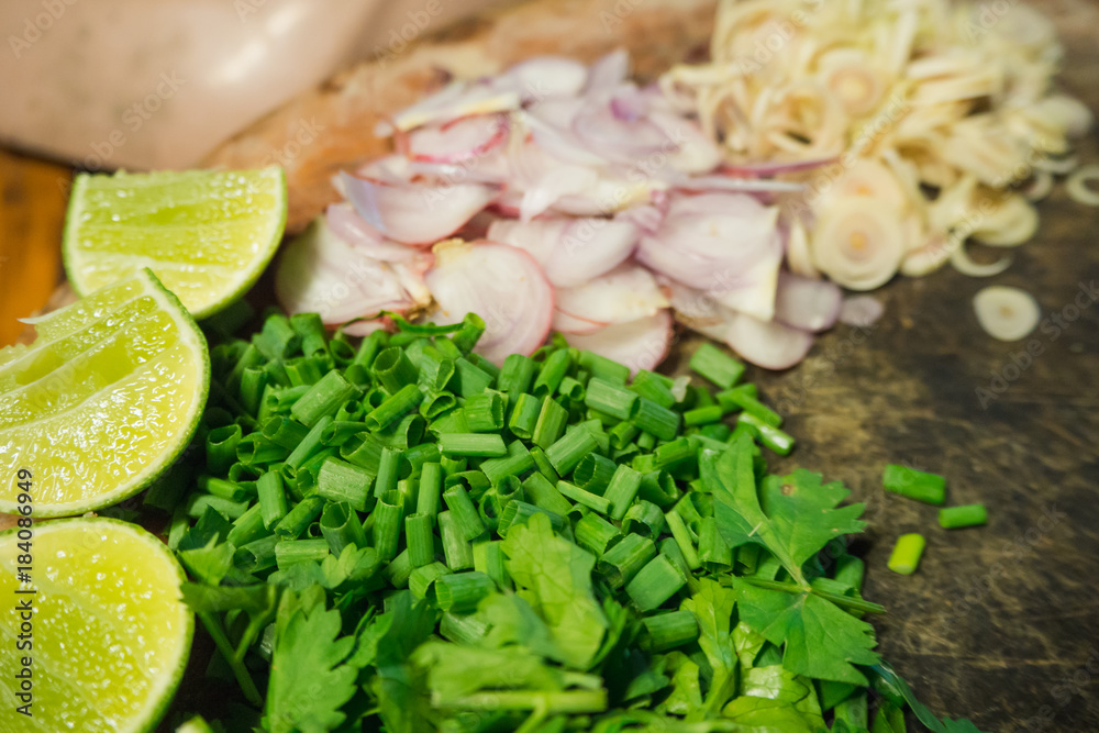 Common lime coriander Shallots and raw materia of food Common lime coriander Shallots and raw materia of food