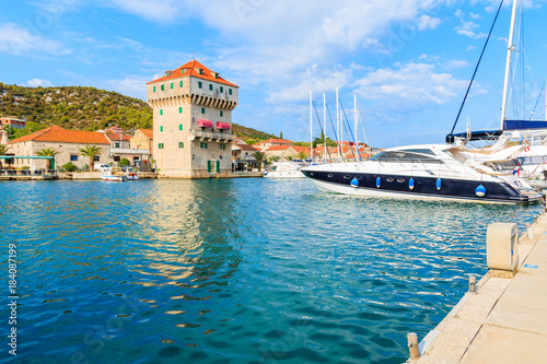 View of port with boats in Marina town between Rogoznica and Trogir, Dalmatia, Croatia