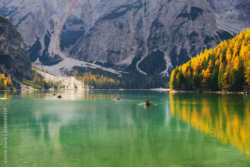 Lago di Braies with autumn forest, Dolomites, Italy, Europe