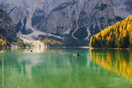 Fototapeta Naklejka Na Ścianę i Meble -  Lago di Braies with autumn forest, Dolomites, Italy, Europe