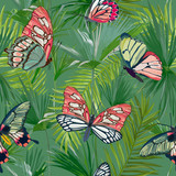 Tropical Palm Leaves Seamless Pattern. Jungle Background with Exotic Butterflies. Floral Fashion Design for Fabric, Textile. Vector illustration