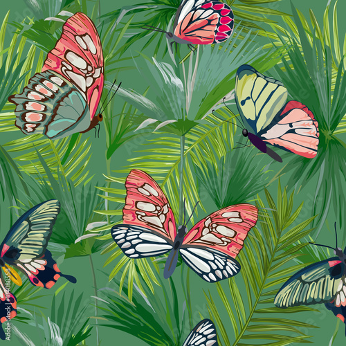 Tropical Palm Leaves Seamless Pattern. Jungle Background with Exotic Butterflies. Floral Fashion Design for Fabric  Textile. Vector illustration