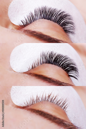 Eyelash Extension Procedure. Comparison of female eyes before and after.