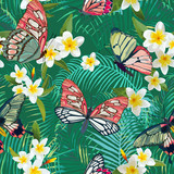 Tropical Seamless Pattern with Flowers and Butterflies. Palm Leaves Floral Background. Fashion Fabric Design. Vector illustration