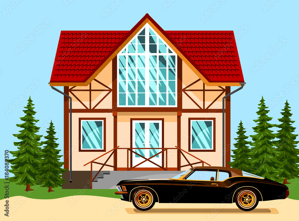 Beautiful two-storey house with a tiled roof, and a car Beautiful two-storey house with a tiled roof, and a car