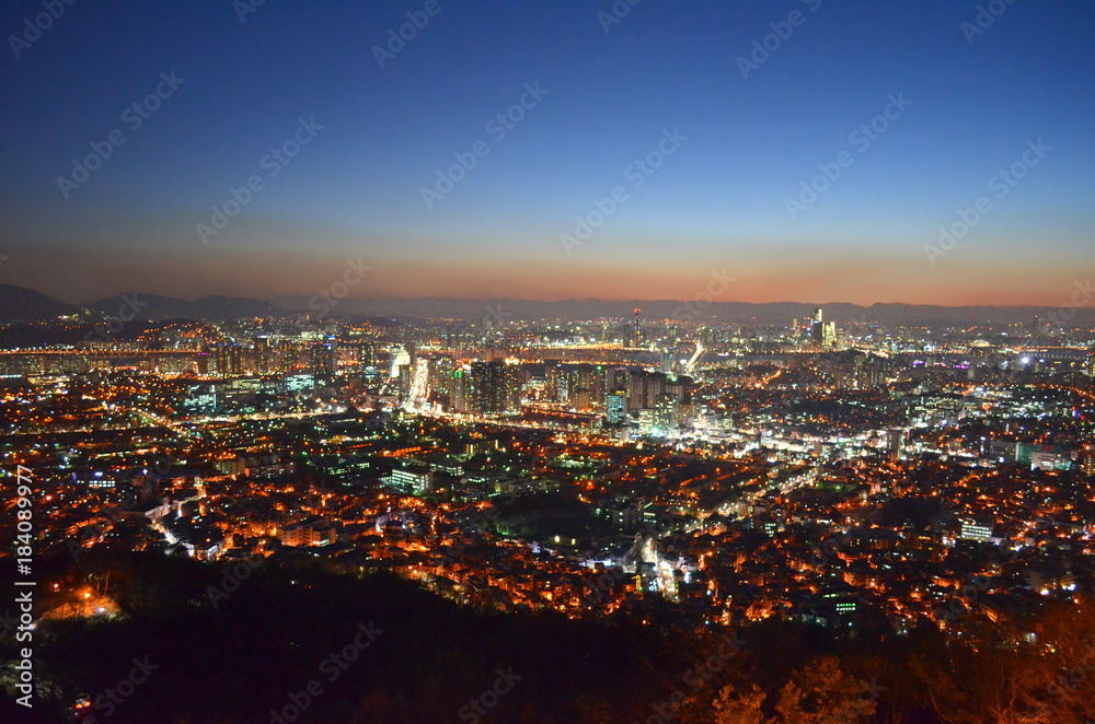 Seoul night cityscape at N Seoul Tower. Panorama from the top of the city, South Korea