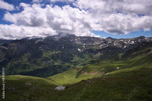 Panoramatic Picture of the high positioned large valley with beautifull mountain meadows with blooming flowers in Austian alpine region with peaks still partly covered by snow on the skyline.