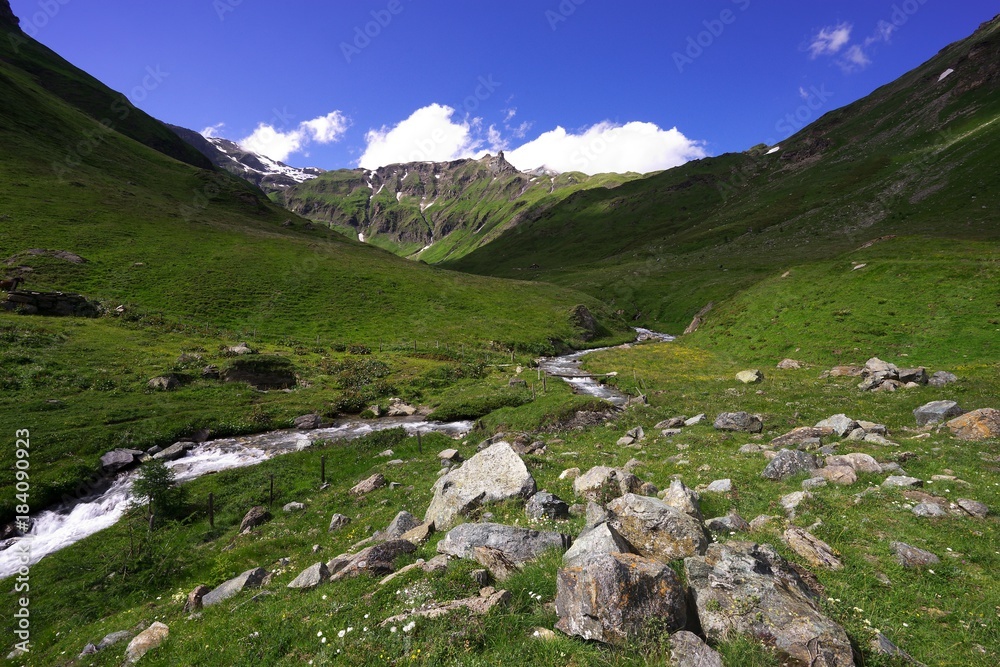 Landscape Picture on the stream or small river with rapids in the walley in the Alps mountains in austria in tirol region. Alpine meadow in summer, sunny day, blue sky, green grass and white clouds.