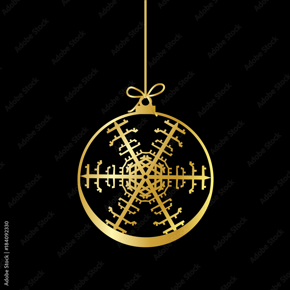 Flat Christmas Ball with Bow Silhouette Icon Graphic Symbol Design. Vector Christmas Gold Bauble with Snowflake illustration isolated on black background Flat Christmas Ball with Bow Silhouette Icon Graphic Symbol Design. Vector Christmas Gold Bauble with Snowflake illustration isolated on black background