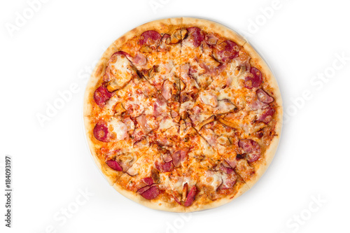 pizza with mozzarella cheese and tomato on a thick pastry base isolated on white