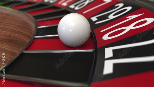 Casino roulette wheel ball hits 18 eighteen red. 3D rendering