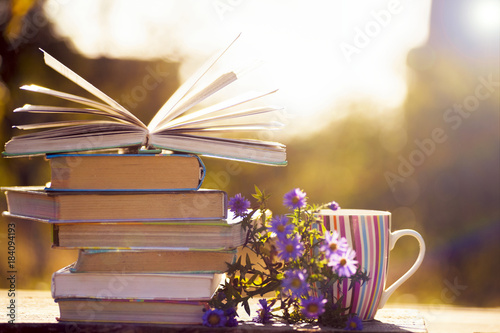 Open book on wooden table on natural background. Soft focus