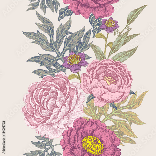 Seamless pattern with flowers roses, peonies.