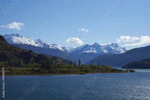 Landscape along the Carretera Austral next to the azure blue waters of Lago Bertrand in Patagonia, Chile