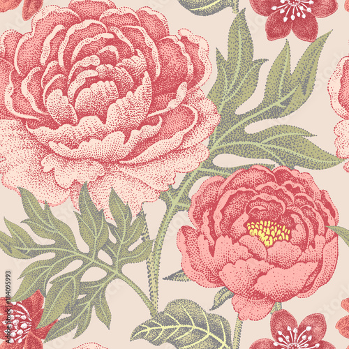 Seamless pattern with flowers peonies.