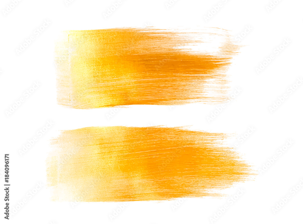 Fototapeta Vector gold paint smear stroke stain set. Abstract gold glittering textured art illustration. Gold Texture Paint Stain Illustration. Hand drawn brush strokes vector design elements. Acrilyc strokes.