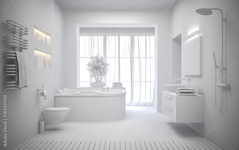 white Interior of the modern bathroom 3D rendering white Interior of the modern bathroom 3D rendering