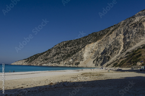 partial view of myrtos beach and mountain kefalonia
