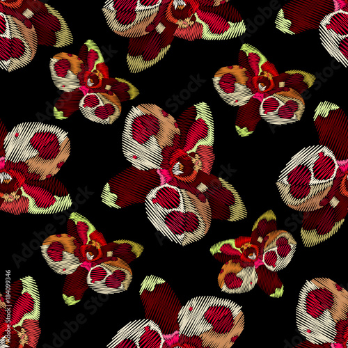 Fototapeta Naklejka Na Ścianę i Meble -   Seamless pattern with embroidery orchids.