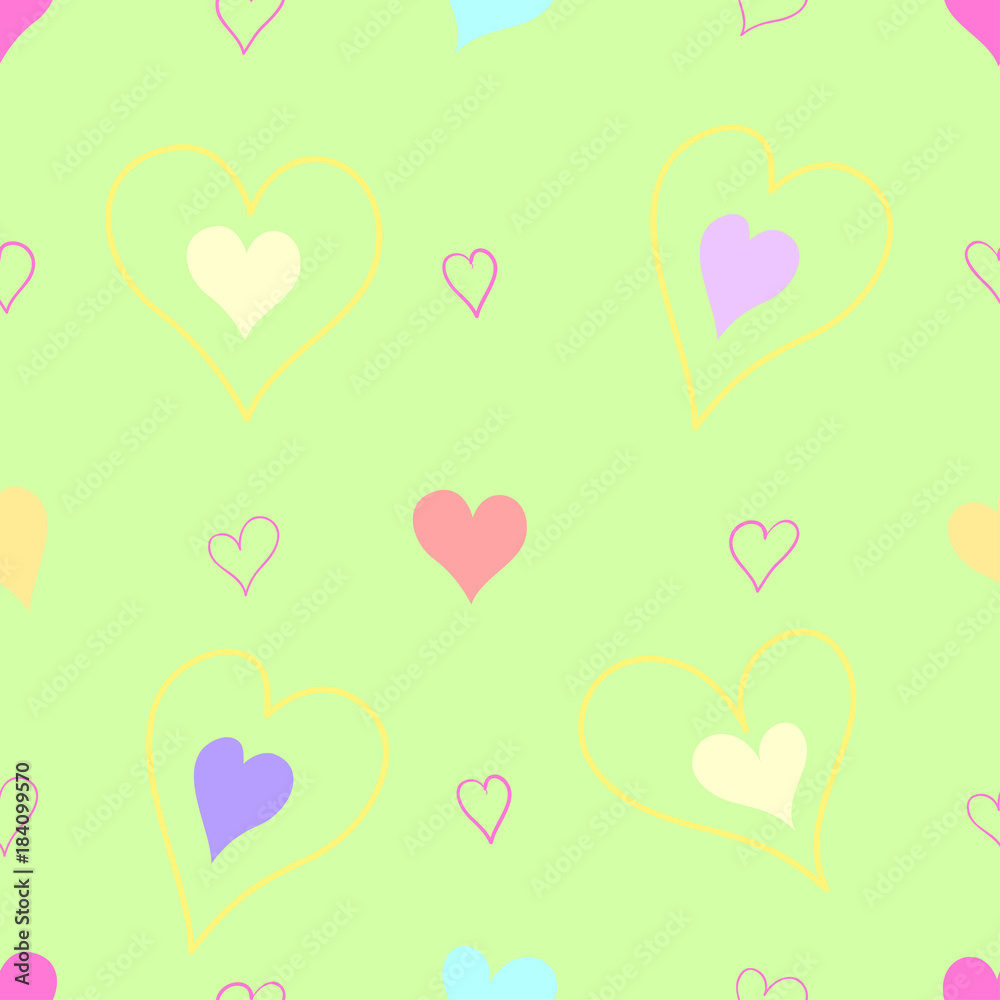 Seamless cute pink pattern with hand-drawn bows and hearts for girls