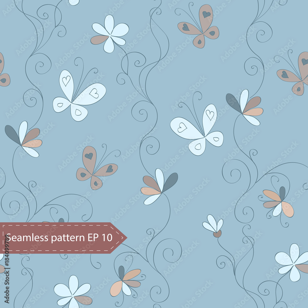 Seamless l flower background with vintage hand  draw flowers, curls and butterflies