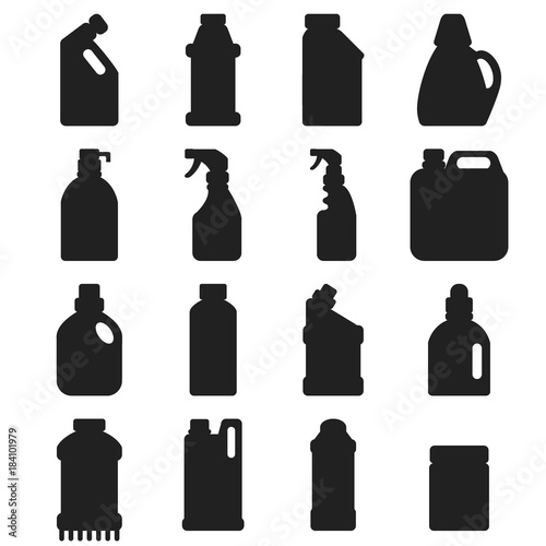 Bottles of household chemicals supplies cleaning housework black silhouette liquid domestic fluid cleaner pack vector illustration.