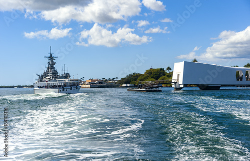 the USS Arizona Memorial and USS Missouri, at Pearl Harbor in Honolulu, Hawaii photo