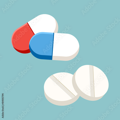 Colored set of pills on turquoise background. Vector illustration