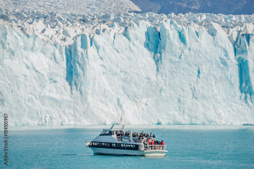 View of glacier Perito Moreno in Patagonia and touristic boat