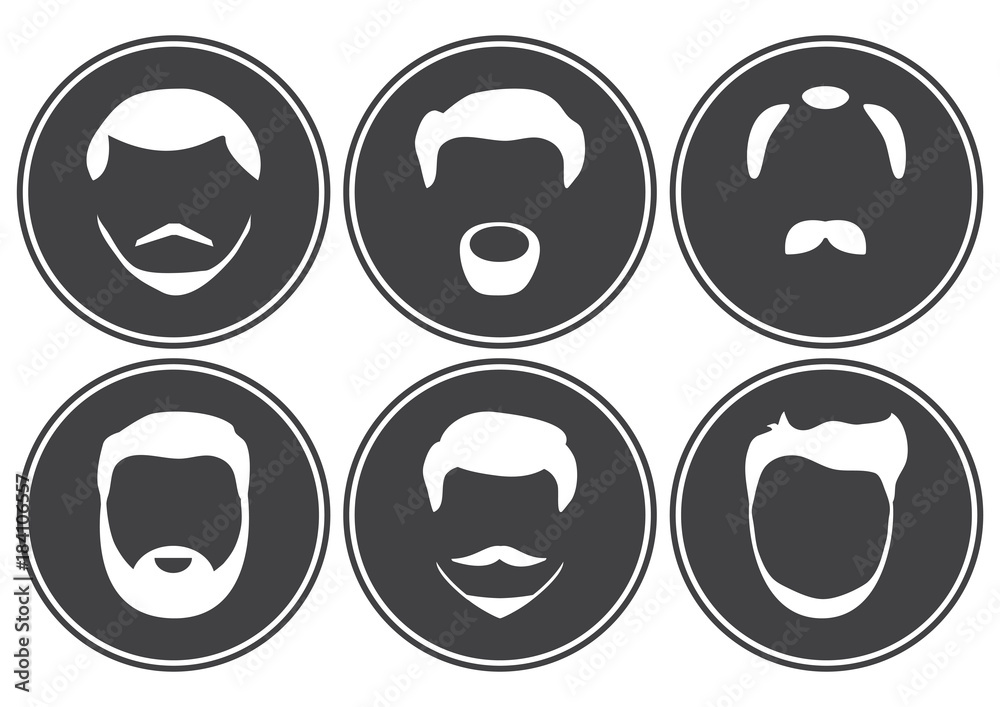 Set of face, hairstyles, beards and mustaches. Round icons, white silhouette on dark gray background. Vector illustration. Set of face, hairstyles, beards and mustaches. Round icons, white silhouette on dark gray background. Vector illustration.