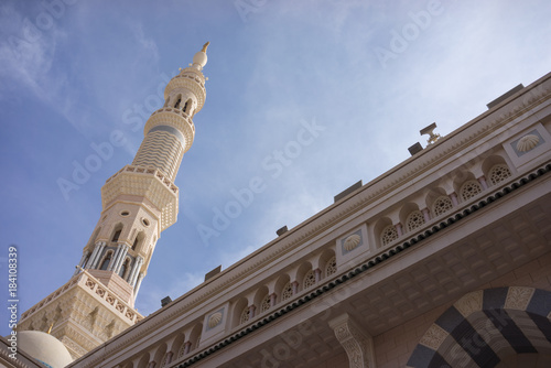 MEDINA, SAUDI ARABIA - 15TH NOV 2017; External view of Mosque Al-Nabawi in Medina, Saudi Arabia. It is the second-holiest site in Islam and the mosque was built by Prophet Muhammad in 622