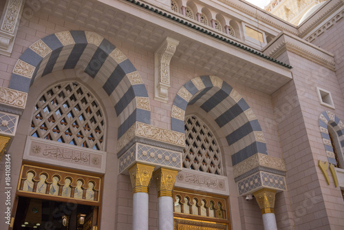 MEDINA, SAUDI ARABIA - 15TH NOV 2017; External view of Mosque Al-Nabawi in Medina, Saudi Arabia. It is the second-holiest site in Islam and the mosque was built by Prophet Muhammad in 622