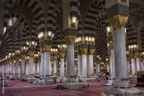 MEDINA, SAUDI ARABIA - 15TH NOV 2017; Internal view of Mosque Al-Nabawi in Medina, Saudi Arabia. It is the second-holiest site in Islam and the mosque was built by Prophet Muhammad in 622