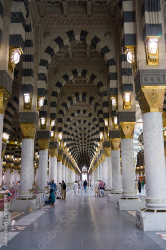 MEDINA, SAUDI ARABIA - 15TH NOV 2017; Internal view of Mosque Al-Nabawi in Medina, Saudi Arabia. It is the second-holiest site in Islam and the mosque was built by Prophet Muhammad in 622