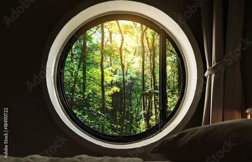 Fototapeta Patrząc przez okno, lasy tropikalne w widoku wschodu słońca