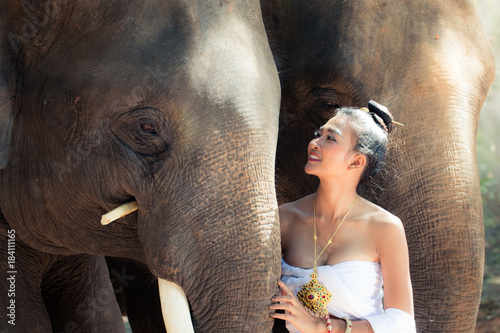 Beautiful Thai woman in historical dressing with Thai elephant in Surin, Thailand.