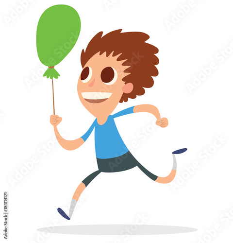 Vector image of cartoon funny boy with big eyes with brown hair in a dark blue shorts and a blue t-shirt running with a green balloon in his hand on a white background. Vector illustration.
