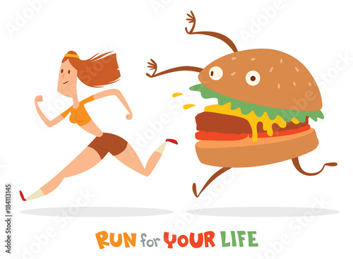 Vector cartoon image of a girl with brown hair in an orange top and brown shorts runaway from a huge colored hamburger on a white background. In the theme of a healthy lifestyle. Vector illustration.