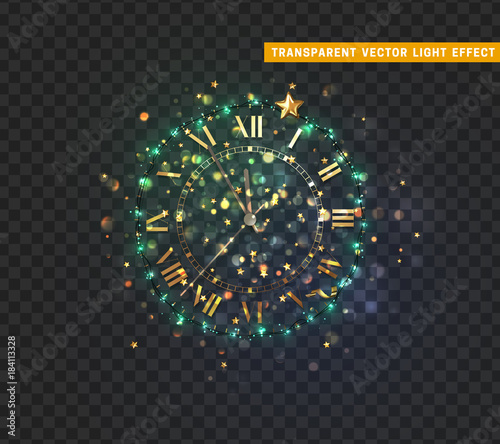 New Year shiny gold clock, five minutes to midnight. Merry Christmas. Xmas holiday. Glowing background with bright lights and sparkle bokeh. Vector illustration design with transparency effect