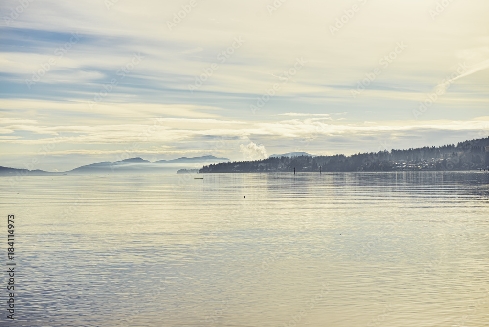 Misty sunrise from the Ladysmith bay in Vancouver Island, British Columbia, Canada