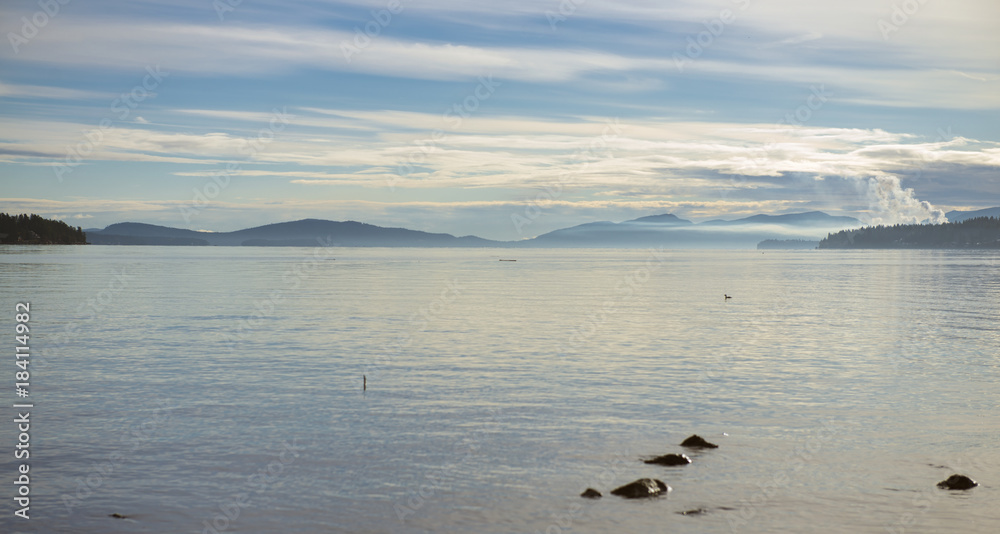 Panorama of misty sunrise from the Ladysmith bay in Vancouver Island, British Columbia, Canada Panorama of misty sunrise from the Ladysmith bay in Vancouver Island, British Columbia, Canada