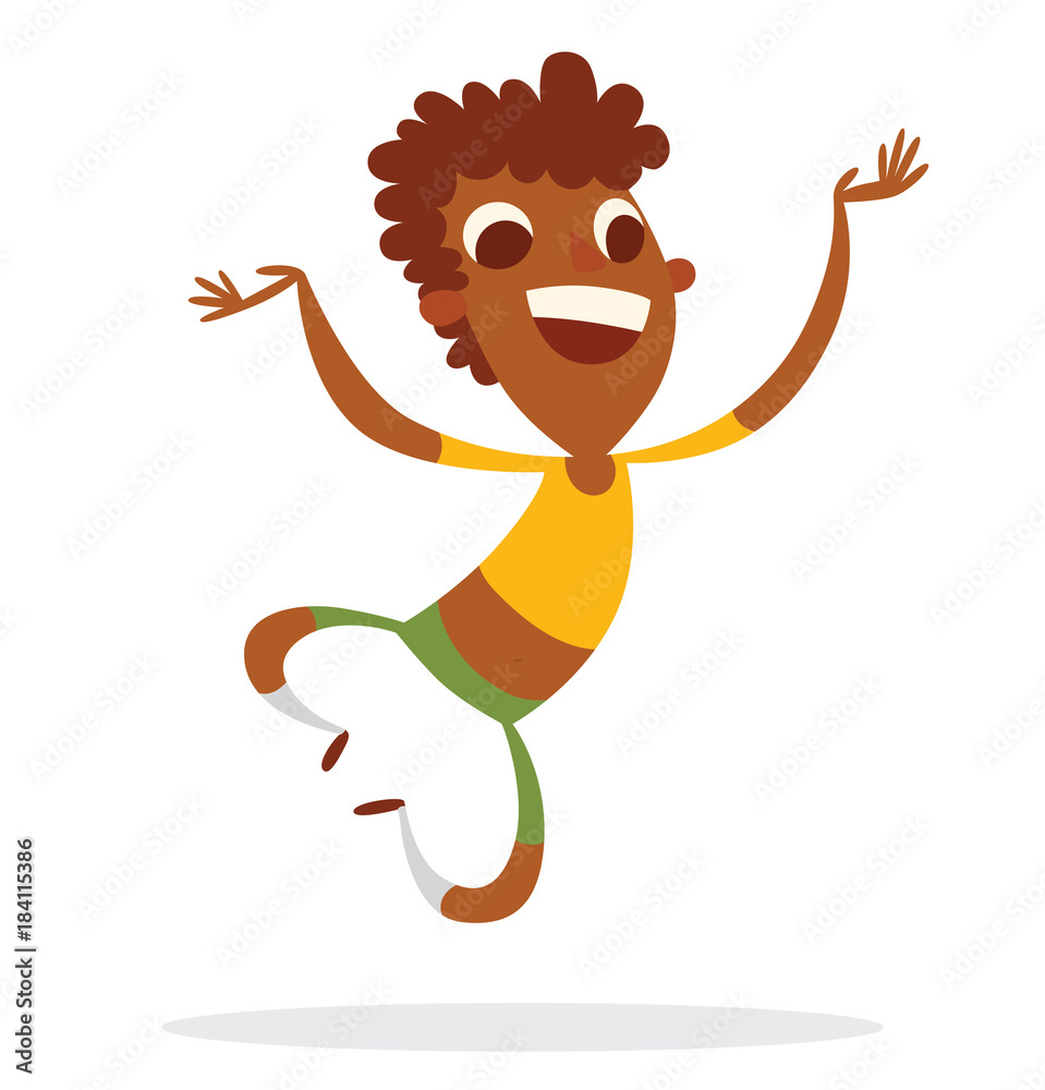 Vector cartoon image of a funny black boy with big eyes, with brown curly  hair in green shorts and a yellow t-shirt jumping and smiling on a white  background. Vector illustration. Stock
